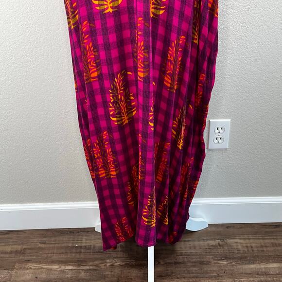 Pink Black Checkered Gold Leaf Semi-Sheer Summer Cover Up Kaftan Maxi Dress XS - Picture 10 of 14